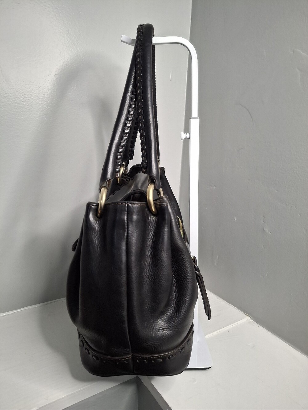 Dooney & Bourke Florentine Vacchetta Leather Flap Hobo Shoulder Bag Black EUC - Picture 3 of 12